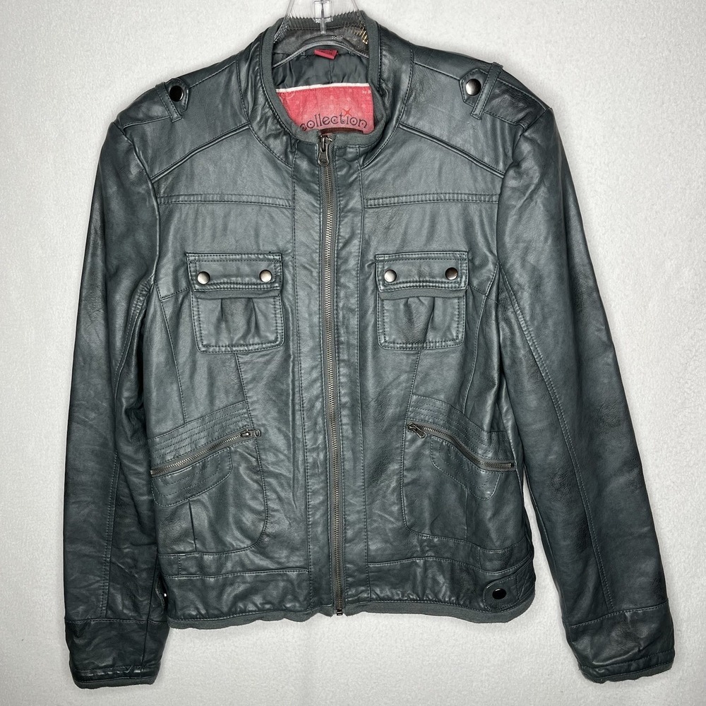 Collection By Bernardo Faux Leather Green Moto Full Zip Jacket Coat Women's L